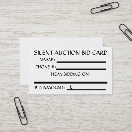 Silent Auction Bid Card (White) BRITISH POUND Visitekaartje (Voorkant / Achterkant in situ)