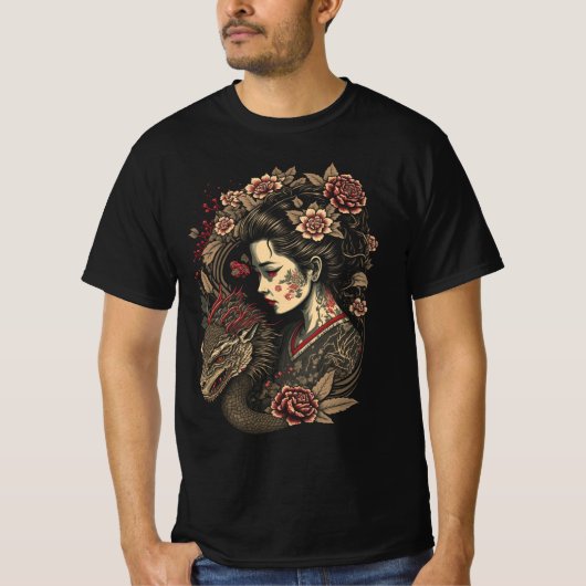 Silent Bloom - Geisha en draak in harmonie T-shirt (Voorkant)
