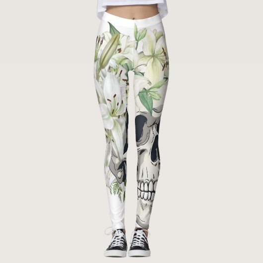 Silent Bloom: Schedel en witte lelies Leggings (Voorkant)