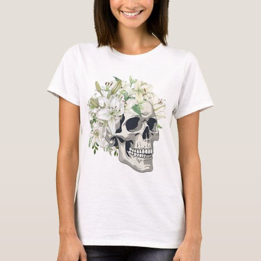 Silent Bloom: Schedel en witte lelies T-shirt (Voorkant)