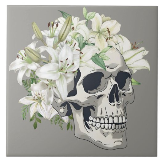 Silent Bloom: Schedel en witte lelies Tegeltje (Voorkant)