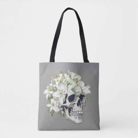 Silent Bloom: Schedel en witte lelies Tote Bag (Voorkant)