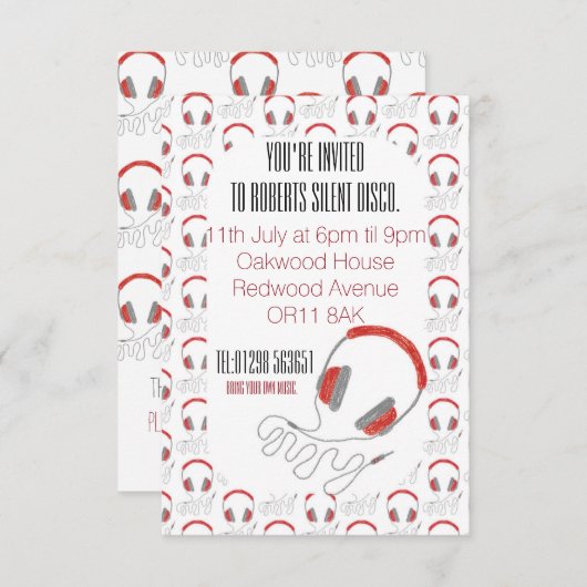 Silent disco-verjaardagsuitnodiginghoofdtelefoons kaart (Voorkant / Achterkant)