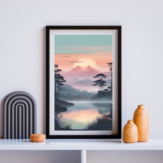 Silent Horizon – Misty Sunrise boven Mountain Lake Poster