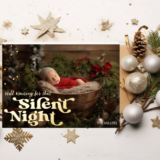Silent Night Baby's eerste Kerstmis minimale retro Folie Feestdagenkaart