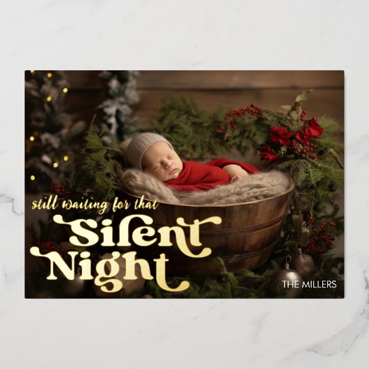 Silent Night Baby's eerste Kerstmis minimale retro Folie Feestdagenkaart (Voorkant)