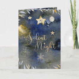 Silent Night Blue Gold Festive Holiday Waterverf Feestdagen Kaart