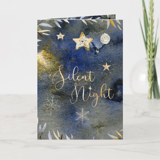 Silent Night Blue Gold Festive Holiday Waterverf Feestdagen Kaart (Voorkant)