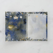 Silent Night Blue Gold Festive Holiday Waterverf Feestdagen Kaart (Binnen)