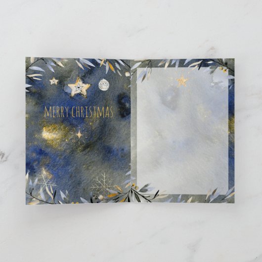 Silent Night Blue Gold Festive Holiday Waterverf Feestdagen Kaart (Binnen)