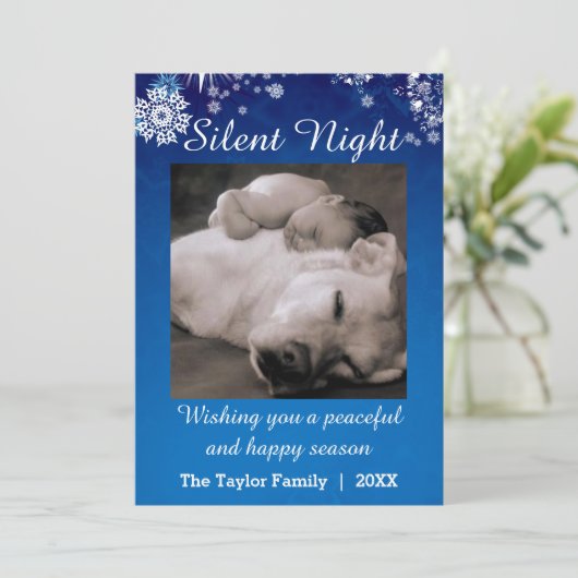 Silent Night Blue Snow-fotokerstkaart Feestdagenkaart (Staand voorkant)
