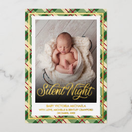 Silent Night | Christmas Baby Photo Plaid Pattern Folie Feestdagenkaart