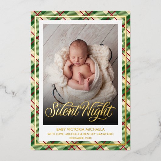 Silent Night | Christmas Baby Photo Plaid Pattern Folie Feestdagenkaart (Voorkant)