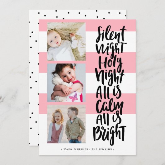 Silent Night drie foto feestdagen kerst | roze Kaart (Voorkant / Achterkant)