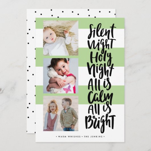 Silent Night, drie foto's vakantie kerstgroen Kaart (Voorkant / Achterkant)