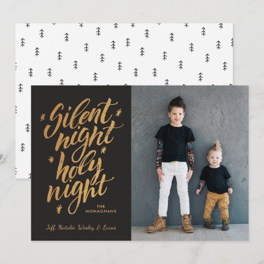 Silent Night Faux Gold Foil kerstfoto Black Feestdagenkaart (Voorkant / Achterkant)
