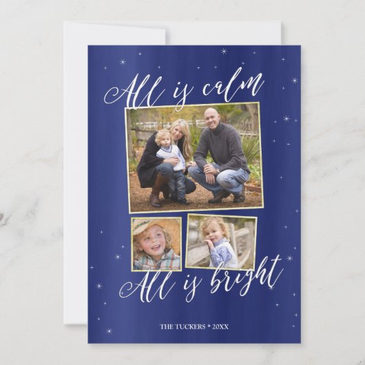 Silent Night Foto Kerst Kaart, Navy Blue Gold Feestdagenkaart (Voorkant)