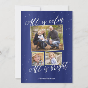 Silent Night Foto Kerst Kaart, Navy Blue Gold Feestdagenkaart