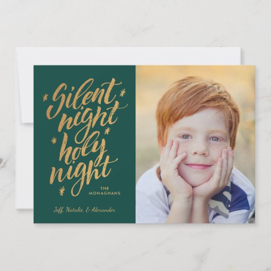 Silent Night Gold Foil - kerstfoto groen Feestdagenkaart (Voorkant)