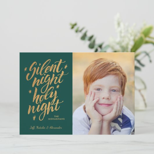 Silent Night Gold Foil - kerstfoto groen Feestdagenkaart (Staand voorkant)