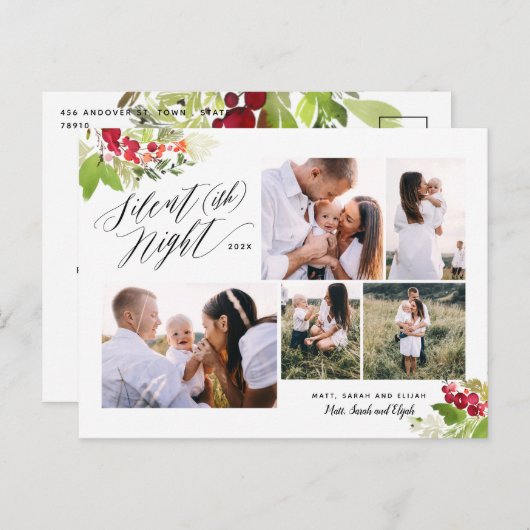 Silent night multi foto red green foliage grappig feestdagenkaart (Voorkant / Achterkant)
