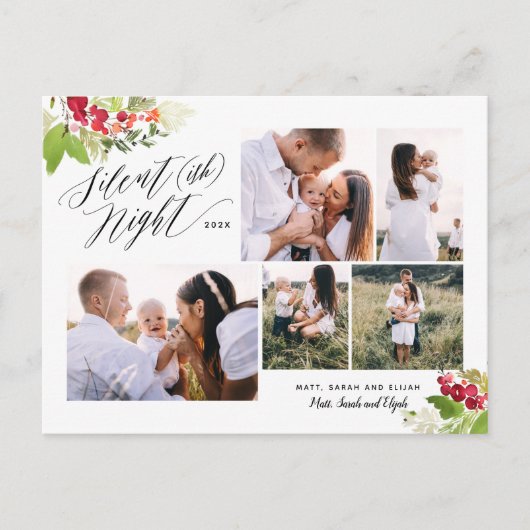 Silent night multi foto red green foliage grappig feestdagenkaart (Voorkant)