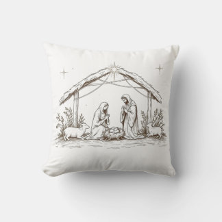"Silent Night Nativity – Sepia Sketch Throw Pillow Kussen