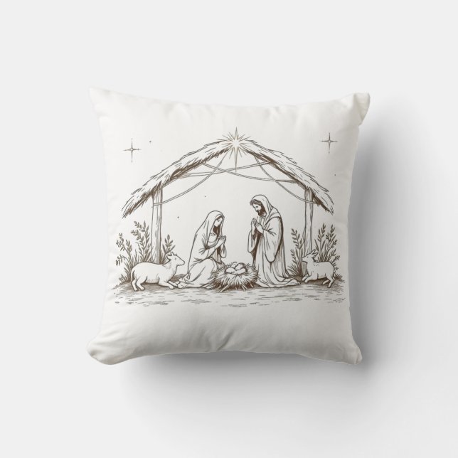 "Silent Night Nativity – Sepia Sketch Throw Pillow Kussen (Voorkant)