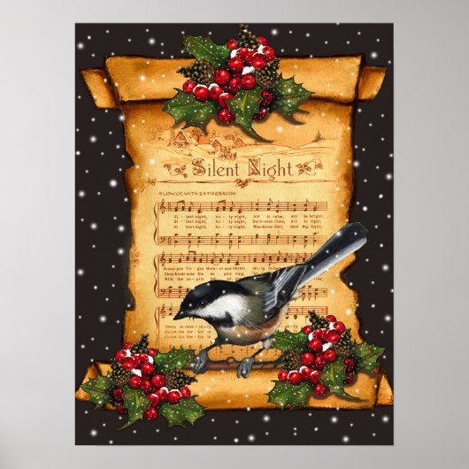 Silent Night Sheet Music, Chickadee, Snow: Art Poster (Voorkant)