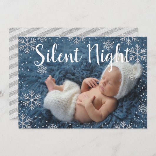 Silent Night Silver Snowflakes Holiday Baby Birth Kaart (Voorkant / Achterkant)