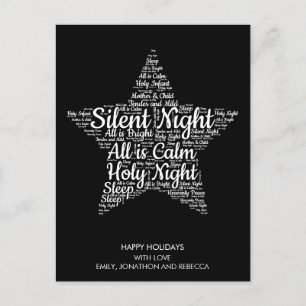 Silent Night Tekst Ster Vorm WordArt Wit Zwart Feestdagenkaart