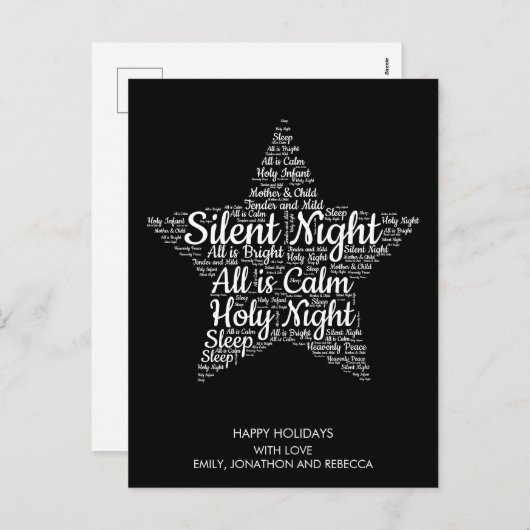 Silent Night Tekst Ster Vorm WordArt Wit Zwart Feestdagenkaart (Voorkant / Achterkant)