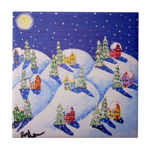 Silent Night Winter Folk Art Tegeltje (Voorkant)