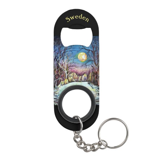Silent Night Winter Full Moon in Zweden Mini Flessenopener (Achterkant)