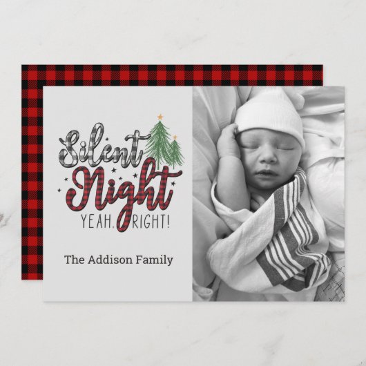 Silent Night Yeah Right Plaid Christmas Card Feestdagenkaart (Voorkant / Achterkant)