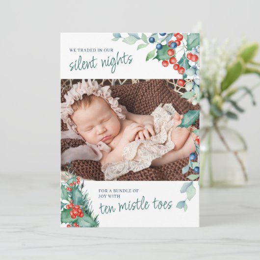 Silent Nights for Ten Mistle Toes Winter Birth Aankondiging (Staand voorkant)