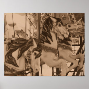 Silent prancers carrouselpaarden in Sepia Brown Poster