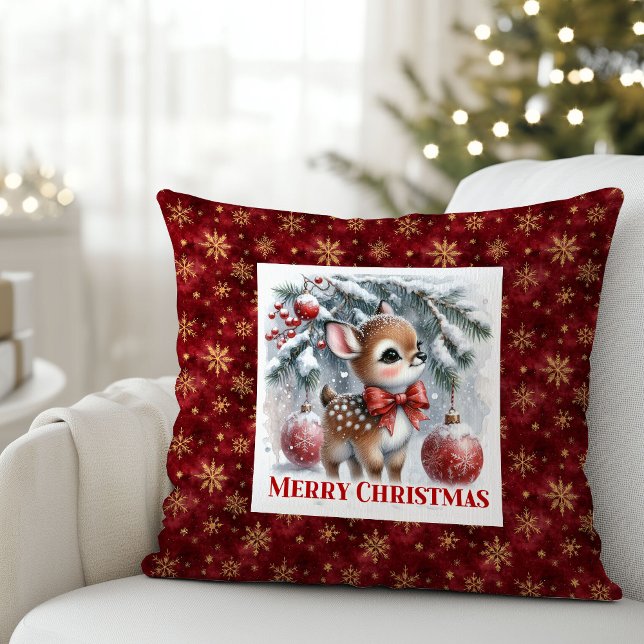 Silent winter scene snowy baby fawn Christmas  Kussen (Silent winter scene snowy baby fawn Christmas pillow)
