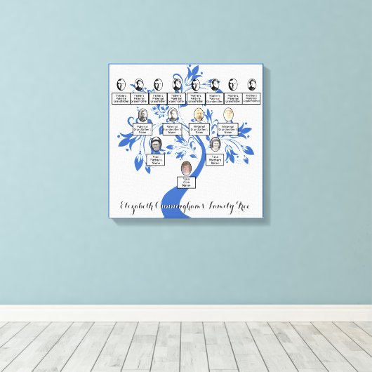 Silhouet Blauw Bloemenboom Vier Generatie Foto Canvas Afdruk (Insitu (Houten vloer))
