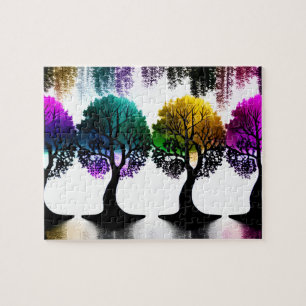 Silhouet Bomen met Pastel Kleur Bladgroen Legpuzzel