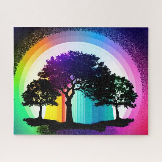 Silhouet Bomen van het Leven Omringd door Regenboo Legpuzzel (Horizontaal)