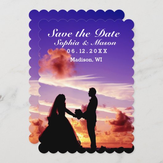 Silhouet Bruid & bruidegom Zonsondergang Bewaar de Save The Date (Voorkant / Achterkant)