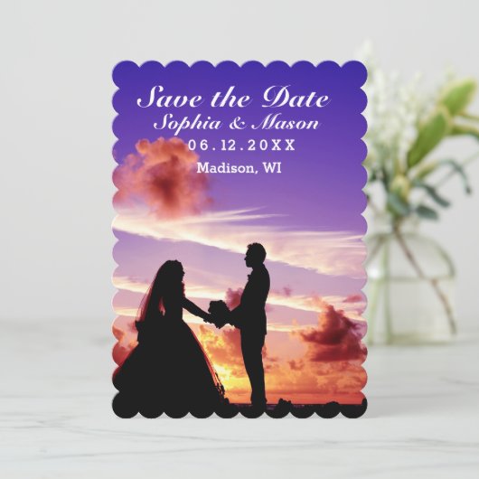 Silhouet Bruid & bruidegom Zonsondergang Bewaar de Save The Date (Staand voorkant)