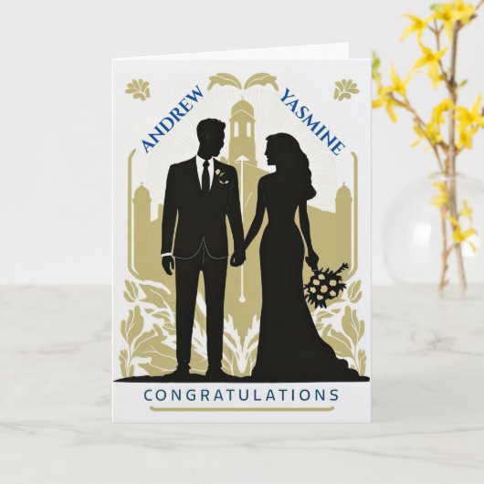 Silhouet bruids paar gepersonaliseerde bruiloft kaart (Gele Bloem)