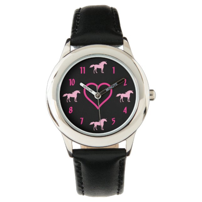 Silhouet Eenhoorns En Hart Roze En Zwart Meisjes Horloge (Voorkant)