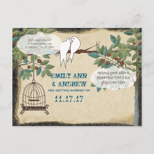 Silhouet Gele Vogels Vogelkooi Save the Date Aankondigingskaart (Achterkant)