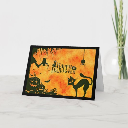 Silhouet Halloween Dieren, Oranje Wenskaart Kaart (Voorkant)