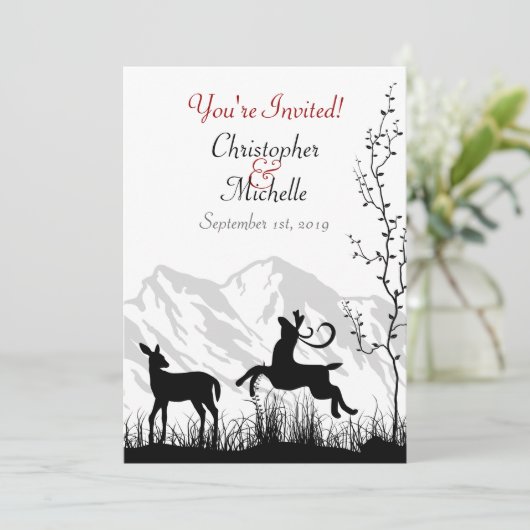 Silhouet Herten en Bergen Zwart, Wit Bruiloft Kaart (Staand voorkant)