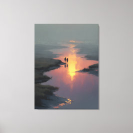 Silhouet Koppel Zonsondergang Stroom Reflectie Canvas Afdruk