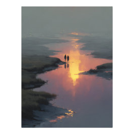 Silhouet Koppel Zonsondergang Stroom Reflectie Foto Afdruk